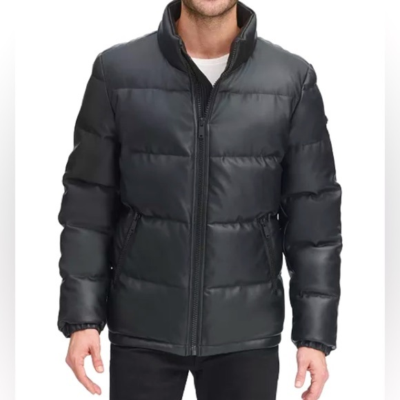DKNY men's faux leather puffer zip jacket vegan black - Picture 2 of 5